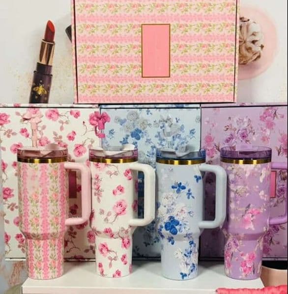 With Gift Ral Boxes Insulated Blue Magnolia Stainless Steel Tumblers 40Oz Pink Rose Cups Double Wall Vacuum Sealed Travel Mugs Big Capacity Water Bottles 0115