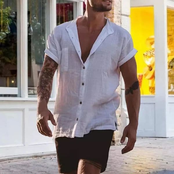 Male Short Sleeve Shirts Cotton Linen Shirts Blouses For Men Loose Business Normal Social Top Formal Dress Shirt Mens Clothing 250114BJ