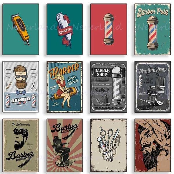 Vintage Barber Shop Metal Effect Abstract Poster Canvas Painting and Print Wall Art Picture for Barber Shop Room Wall Home DecorXJ250116