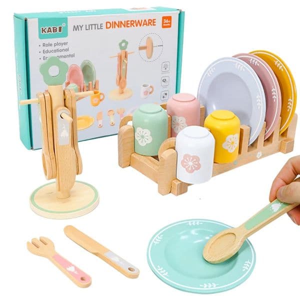 Wooden Kitchen Pretend Play Set Montessori Simulation Plates Dishes Accessories Playset Toy for Toddlers Gifts Ages 3 250115BJ