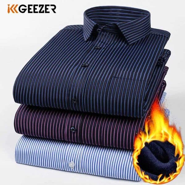 Stripe Shirt Men Fleece Winter 2023 Flannel Thick Warm Dress Tuxedo Formal Shirt Casual Long Sleeve Slim Fit Pocket Velvet W250118