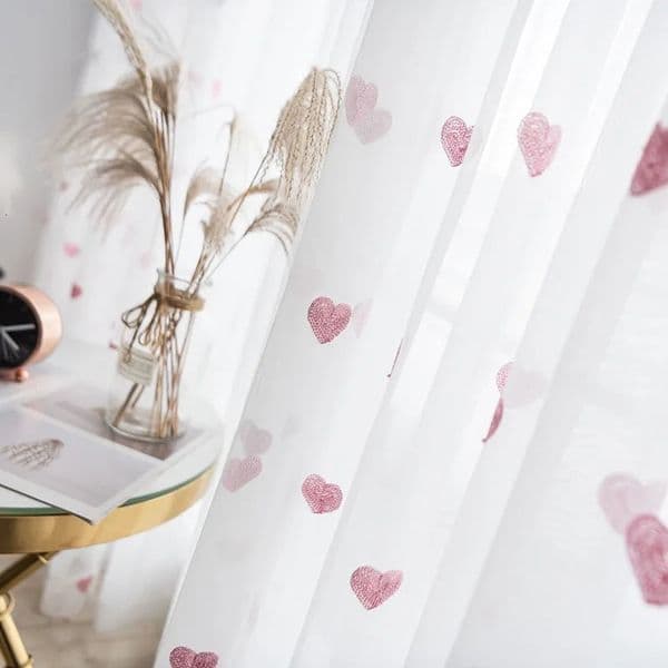 Korean Girl Sheer Voile Curtain Pink Love Heart Embroidery Tulle Reday Made Window Screens For Living Room Bedroom Sheer Curtains 250113a