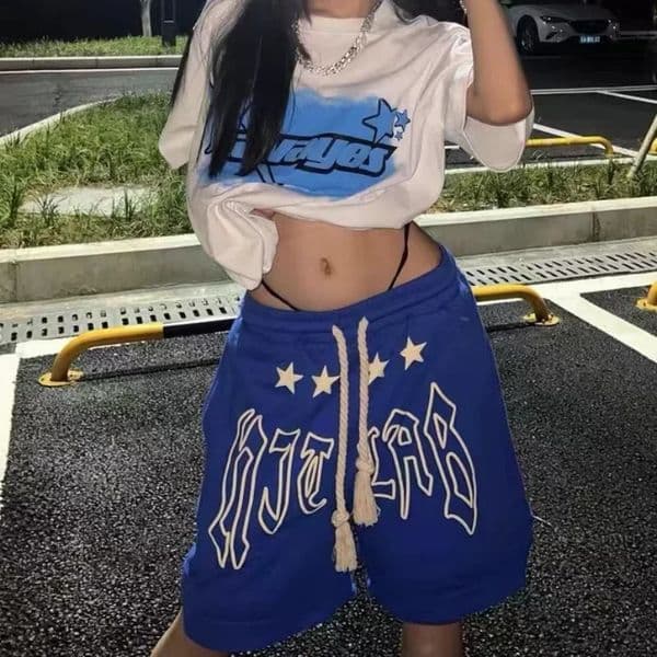 Summer Lace-up Y2K Loose Couples Shorts Klein Blue American Vintage Street Elastic Waist Knee Short Sweatpant Women Letter 250115BJ
