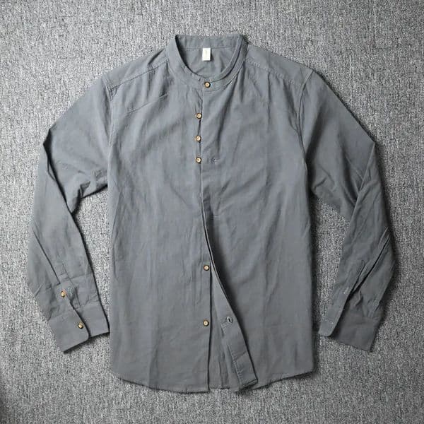Mens long sleeved slim fit shirt retro pure cotton linen stand up collar single chest daily simple button mens shirt 250110