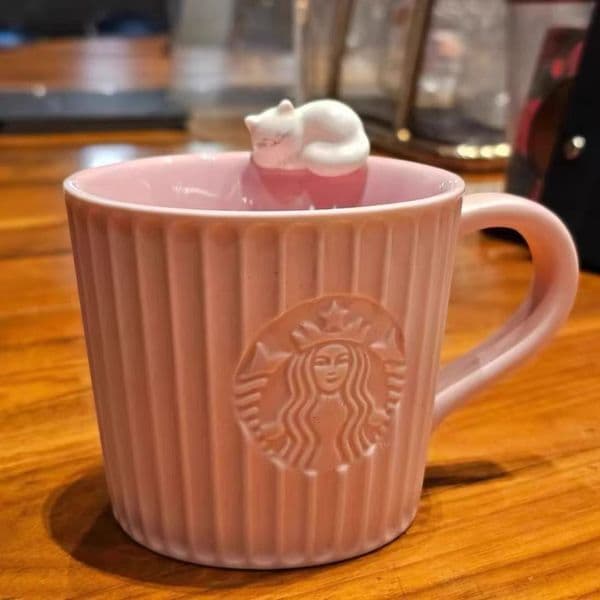 10OZ Starbucks Pink Ceramic Mug with Cute Cat Decoration Unique Coffee Tea Cup