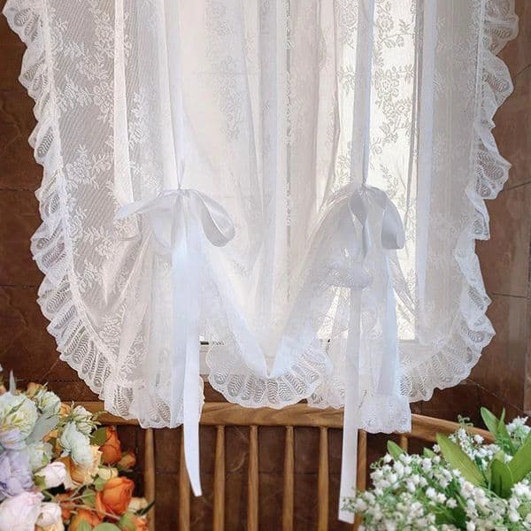 Korean White Floral Ribbon Lace Roman Lifting Short Tulle Curtain For Window Home Doorway Door Kitchen Sheer Decoration Sheer Curtains 250113a