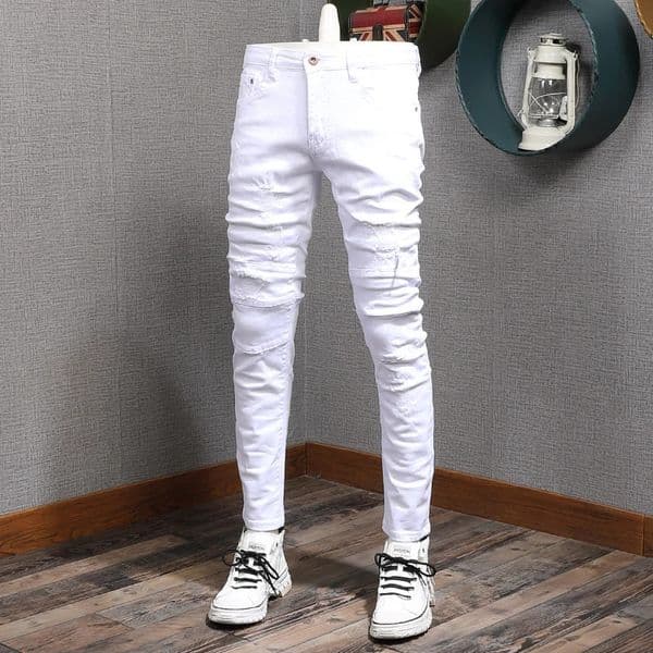 Summer Mens White Jeans Casual Cotton Slim Fit Straight Pants Mens Fashion Streetwear Ripped Patches Denim Trousers 250118