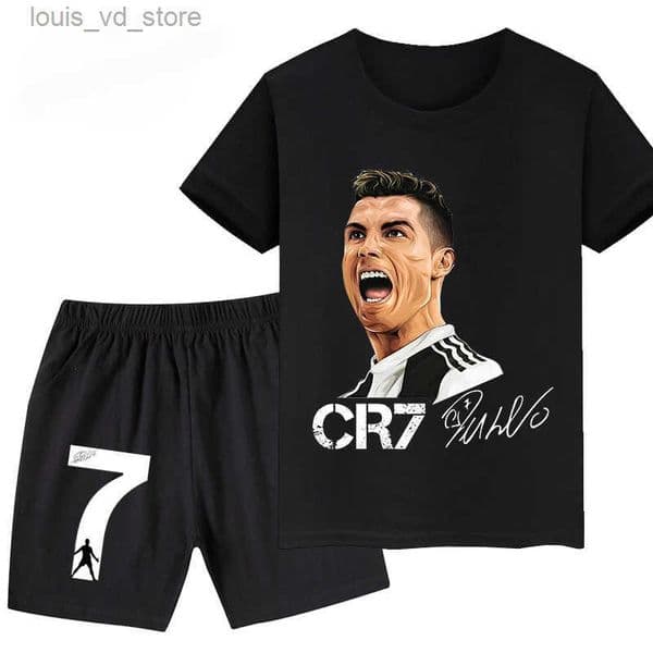 Clothing Sets 2024 Ronaldo Football Player CR7 Printed Children Clothing Casual T-shirt+Shorts 2pcs Sets Summer Kids Boys Fashion Sportsuits L260604