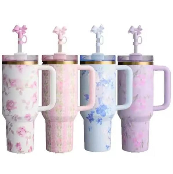 Designer Cup New US STOCK Heart Red Magnolia Pink Rose Floral H2.0 40Oz Valentines Day Stainless Steel Tumblers Cups Travel Car Mugs Bow Tie 40 Oz coffee mug W