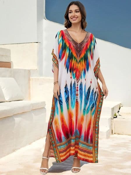 Bohemian Plus Size Womens Kaftan V-neck Long Dress Vibrant Color Swimsuit Cover-up House Robe Outfit Beach Dresses Q1594 250121BJ