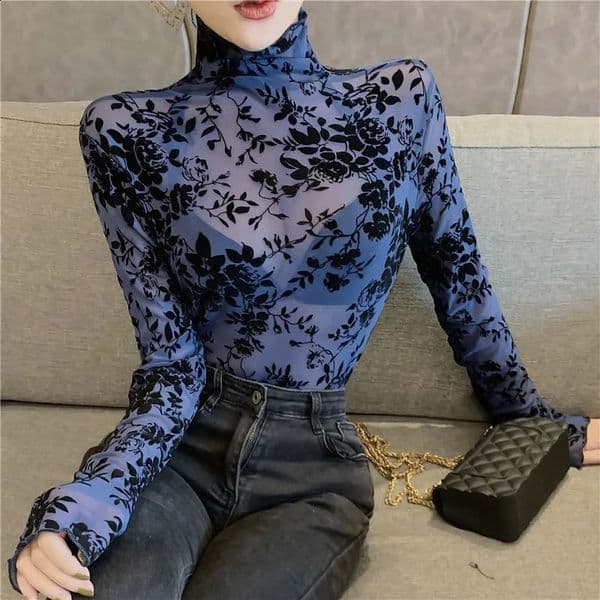 Size M-XXXL Transparent Flocking Mesh T-shirt Womens Turtleneck Slim Long Sleeve T Shirts Girls Elastic Tops Tees Shirts 250121