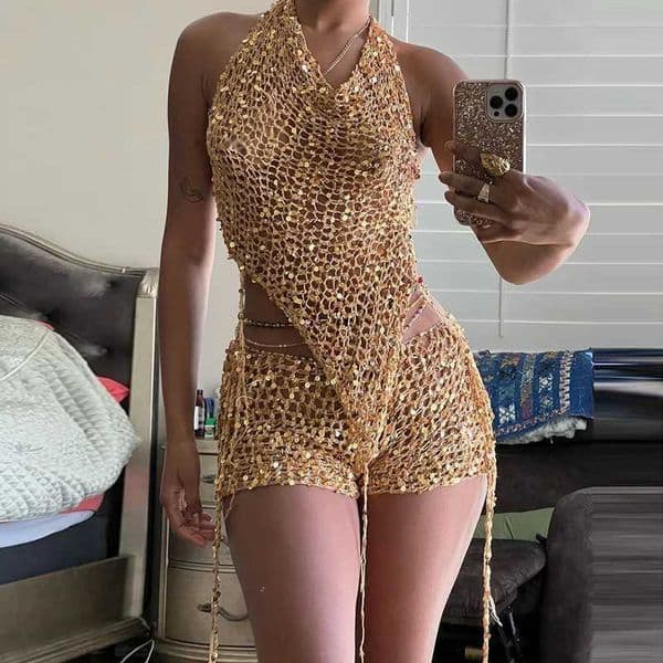 Women's Two Piece Pants Sequin knit two-piece womens sexy lace top strapless asymmetrical vest top and shorts hollow summer club set H25121