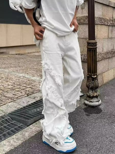 American Style Erosion Damage Raw Edge Street Jeans Mens Harajuku Style Hip-hop Dance Straight White Jeans Womens Y2k Clothing 250113