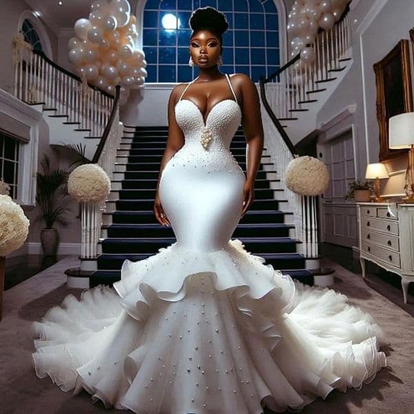 Luxury African Arabic Mermaid Wedding Dress Pearls Beaded Halter Neck Sleeveless Customized Bridal Gown Back Lace-up Satin With Tulle BC20072