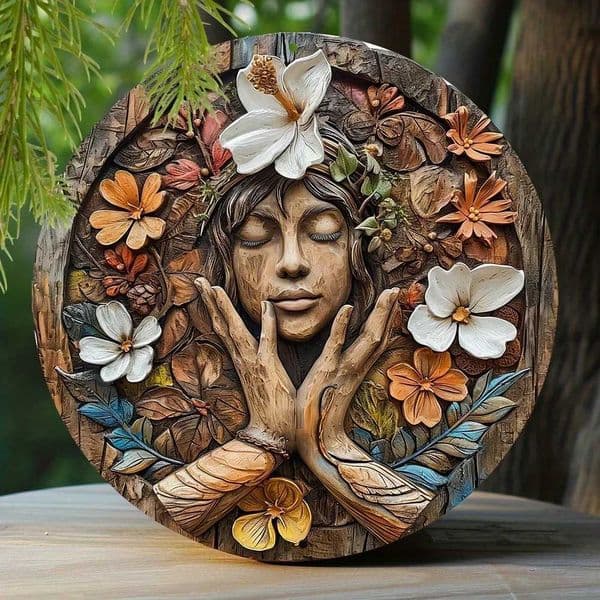 20x20Cm Round Metal Sign Faux Wooden Carved Painted Circular Wreath Sign Dormitory Decoration Men Gifts Hippie Themed DecorationXJ250116