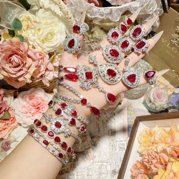 Camellia Sparkg Pomegranate Red Water Drop Ring Earing Gold Plated Palace Style Mixed Jewelry Set