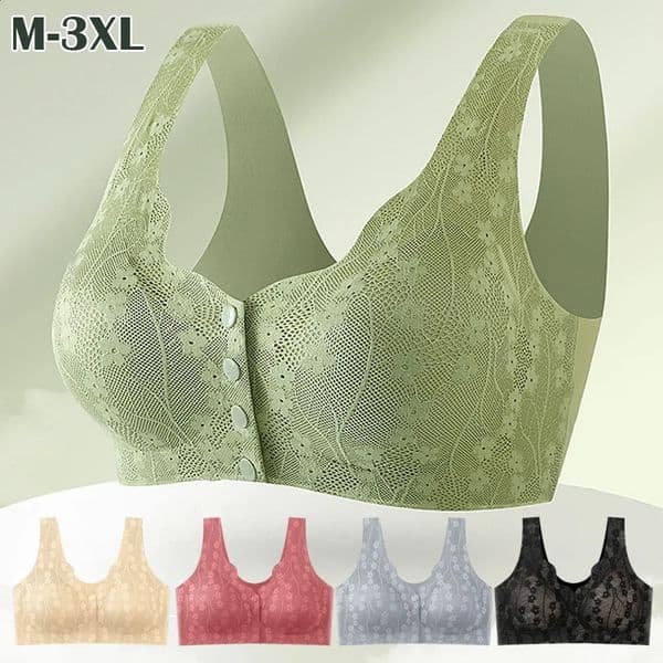 Middle aged and elderly mothers front button bra lace seamless breathable no steel ring ice silk sexy party 250122BANJIA