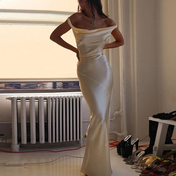 Sexy Slash Neck Satin Slim Party Dress Fashion Sleeveless High Waist Women Evening Dress Elegant Solid Color Robe Dress Vestidos 250121