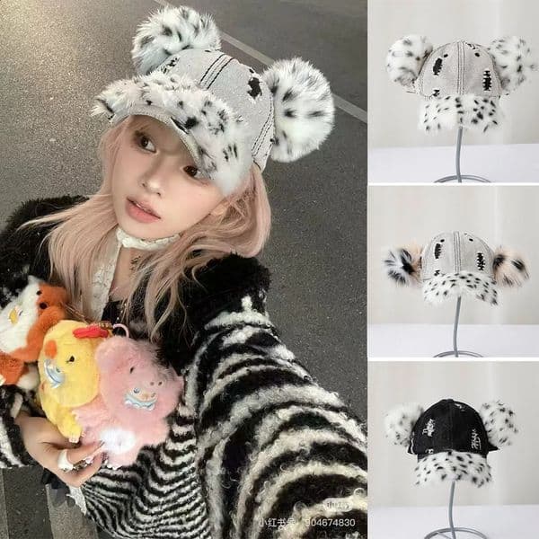Trendy Cool Street Y2K Duck Tongue Hat for Women Retro Spotted Washed Denim Hole Pom Poms Baseball Hat Adjustable Cotton Sun Hat 250117