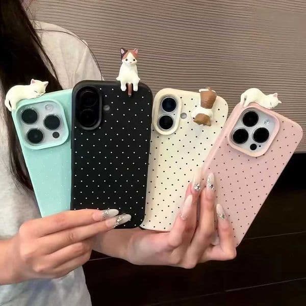 Korea Lovely Polka Dot Pattern Soft Phone Case For iPhone 16 15 14 13 12 Pro Max Plus X XR Cute 3D Cartoon Cat Shockproof Cover Z250122