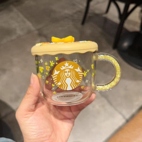 Starbucks 10.8oz Double-Layer Glass Mug with Yellow Butterfly Lid