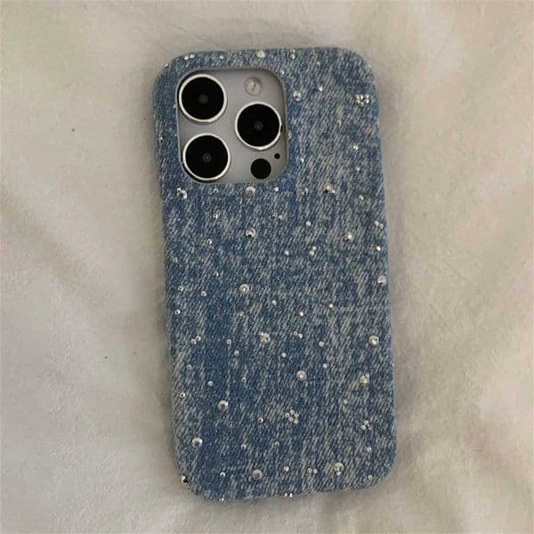 Stylish Glitter Beads Denim Phone Case For iPhone 15 14 13 12 Pro Max 15ProMax Canvas Shockproof Soft Cover Funda Z250122