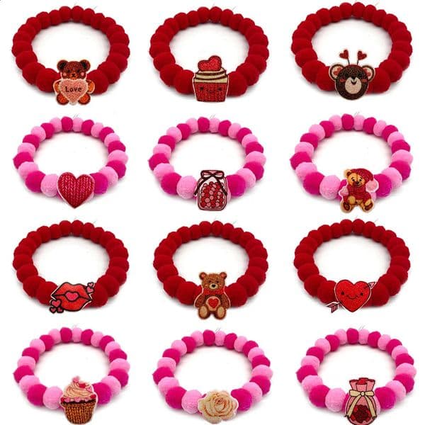 20pcs Pet Dog Bow Tie Valentines Day Style Hair Ball Necklace Collar Pet Dog Cat Bowties Neckties Dog Grooming Accessories 250115BJ