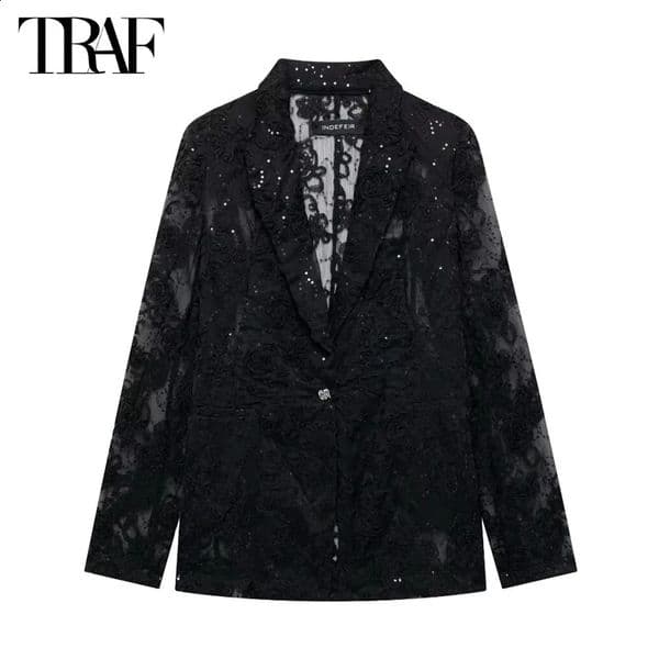 TRAF Flower Sequin Blazer Women Black Semi Sheer Womens Blazers Long Sleeve Textured Woman in Outerwears Jacket 250122