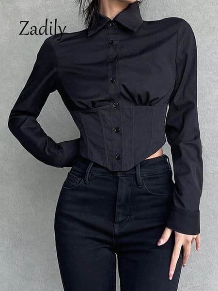 2025 Spring Sexy Long Sleeve Women White Shirt Blouse Korea Style Button Up Slim Waist Y2K Crop Tops Female Cardigan Clothing 250122BANJIA