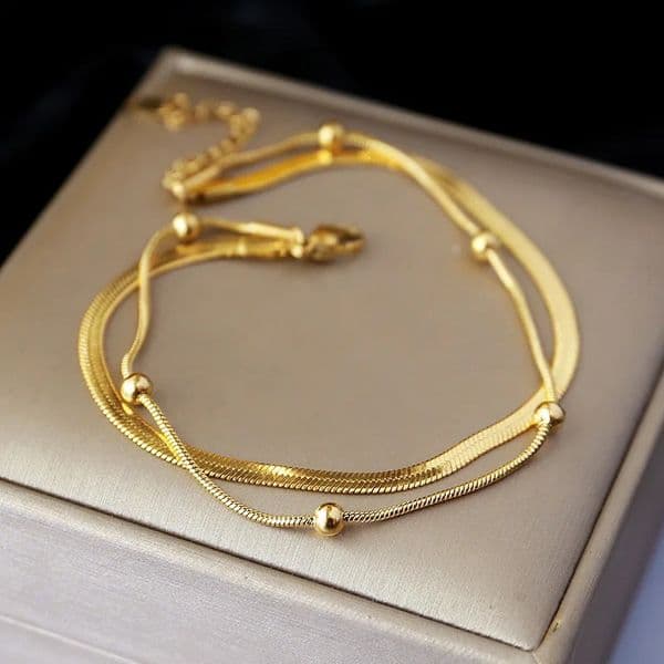 316L Stainless Steel Gold Color DoubleLayer Anklets For Women Girl Trend Leg Chain Waterproof Jewelry Gift Party 250114