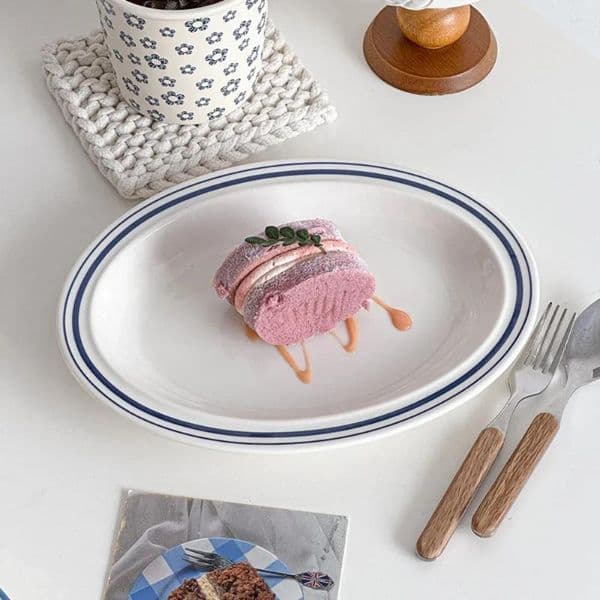 Plates Korean Style Ins Striped Porcelain Oval Ceramic Plate Dinnerware Vegetables Fruit Salad Pasta Breakfast Kitchen Supplies