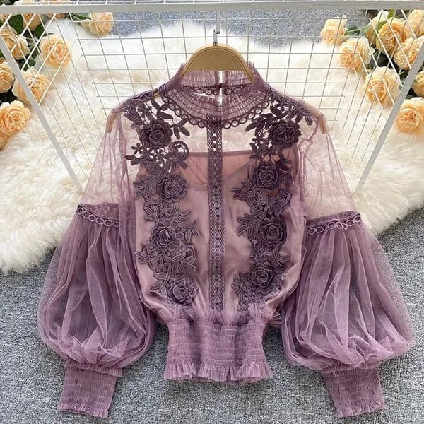 lace puff long sleeve blouse vintage fashion blouses elegant femme blusas korean woman tops women shirts clothing drop 250121