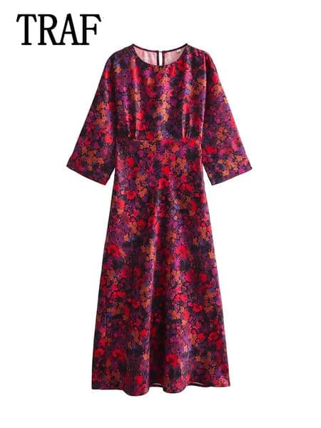 TRAF Women Pleated Long Dresses 2023 Autumn Sleeve Vintage Print Midi Dress Female Party 250121