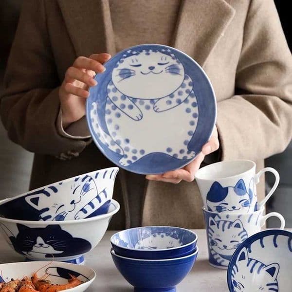 Cute Cat Ceramic Board Japanese Board Blue and White Ceramic Bowl Home Creative Personalized Board Home Kitchen Desktop X250129