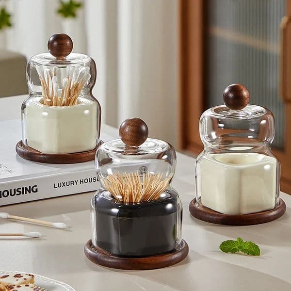 Solid Wood Ceramic Toothpick Box Home Creative Dental Floss Cotton Swab Storage Jar Glass Ceramic Toothpick Jar with Lid 250115BJ