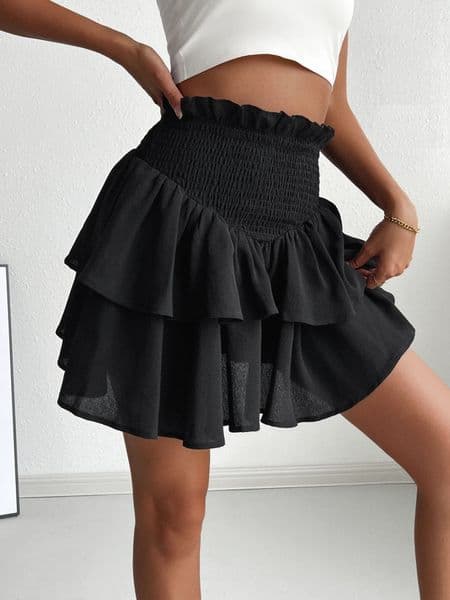 Elastic waist black mini kawaii skirt Japanese college style beautiful ruffle edge short for womens street wear 250121Z