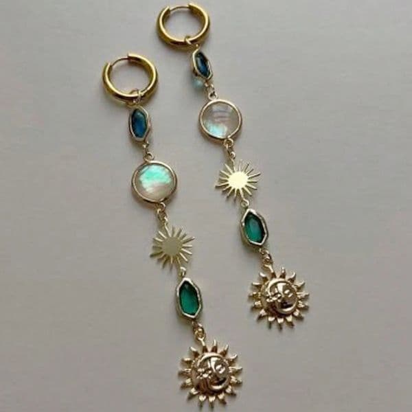 Bohemian Retro Sun Moon Drop Zircon Shell Long Earrings Stainless Steel Ear Buckle Niche Vacation Jewelry For Women 250730