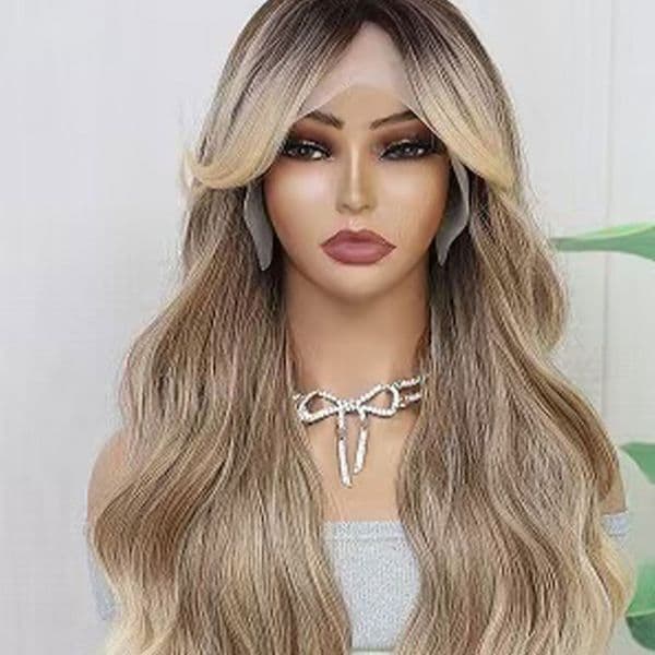 Long curly wig, centre parted wavy synthetic fibre wig