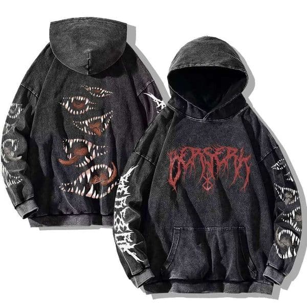 Gothic Vintage Washed Hoodies Teeth Funny Printed Sweatshirts Haruku Retro Long Sleeve Pullover Men Women Y2k Oversized Hoodie