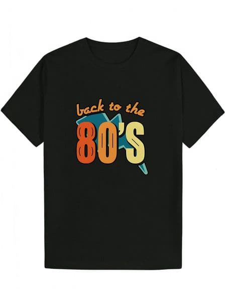 80s Graphic T-Shirt - 'Back to the 80s' Cassette Tape Black Casual Short Sleeve Crew Neck Lightweight Polyester Summer Men's Top, T-Shirt, Nostalgic Clothing,