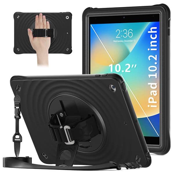Ripple Case for iPad 10.2" 7th/8th/9th Gen, 4 Layers Military-Grade Full Body Protection 360° Rotating Handle Kickstand Shoulder Strap