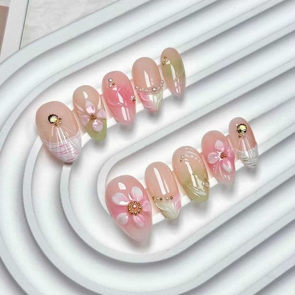 10pcs French Almond Handmade Press on Nails Flower Pattern Fake Nails Summer False Nail Artificial Nail False Nails Uas Nail Tips Z250801