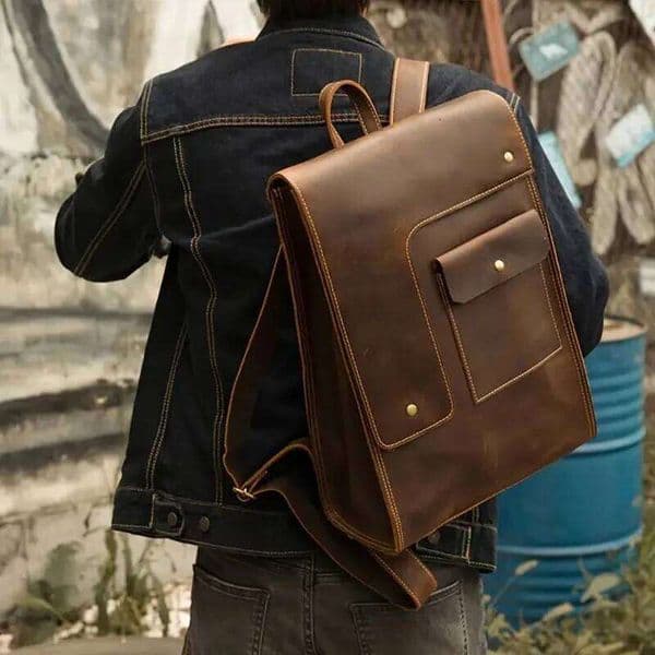 Designer Bags Vintage Crazy Horse Genuine Fit 15" Laptop Business Bag Cow Leather Travel Backpack Men Daypack School Bags Luxury Bag