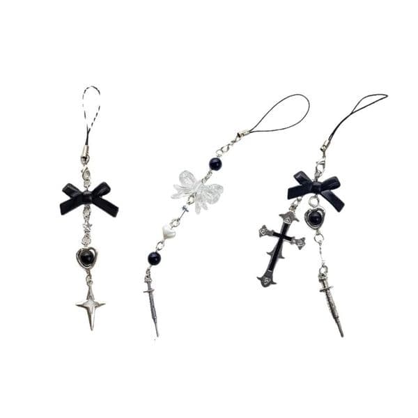 Phone Charm Strap Y2K Keychain Kawaii-Cute Pendant Jewelry Keyring Lanyard String Black Cross-Bow Beaded Chain for Women 250801