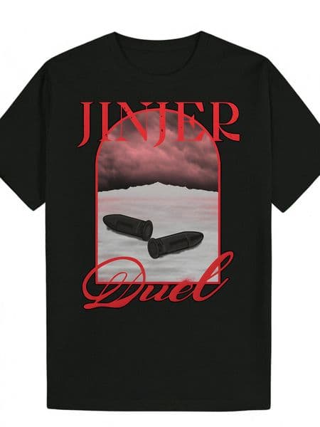 Men's Summer with "JINJER Duel" Pattern - Black Polyester, Crew Neck, Regular Fit, Casual Wear T-Shirt Playful Font | Elastic fabric