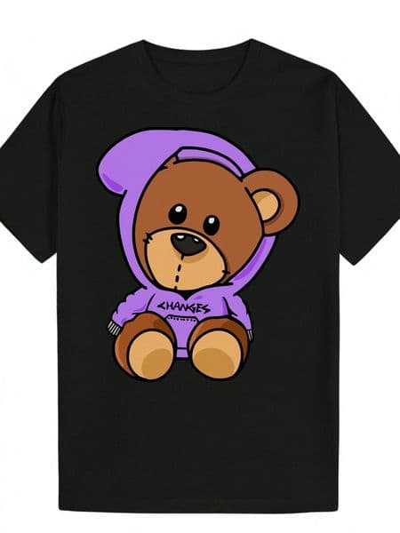 Men's Summer Short Sleeve T-Shirt with Cartoon Bear Pattern and CHANGERS Print - Black Polyester Crew Neck T-Shirt, Machine Washable, Suitable for Casual Wear