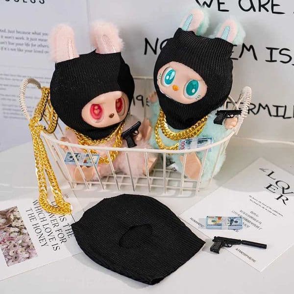 For Labubu Clothes Accessories Trendy Cool Cute Fun and Funny Sle Black Knit Hat and Necklace Street Fashion Doll AccessoriesXJ250802