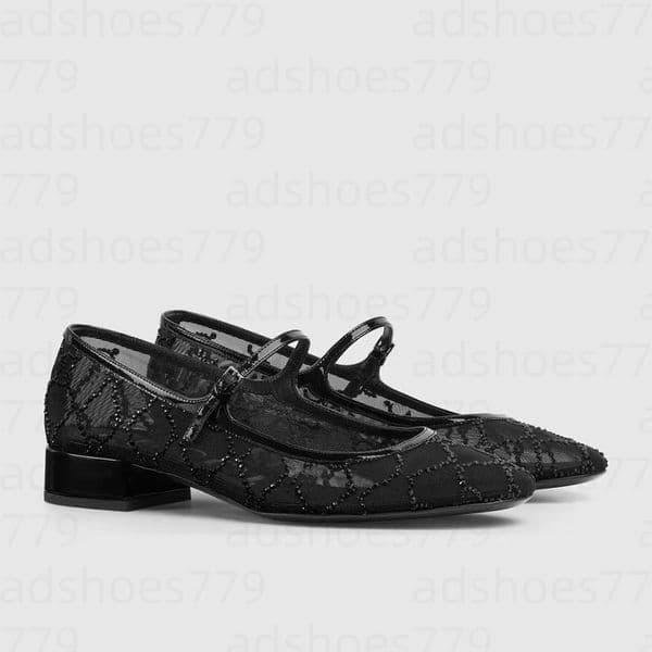 Women's Low Heel Dress Shoes Lace Rhinestone Sandals Lady round toes fishing net leather non-slip Flat Shoes Luxury designer Comfortable casual Sandals