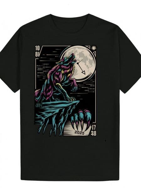 Men's Summer Casual Graphic T-Shirt - Black Wolf Moon Pattern, 100% Polyester, Lightweight and Breathable, Regular Fit, Machine Washable