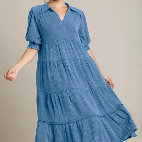 317 New European and American Fashion Comfortable Mid Sleeve V-Neck Layered Dress for Women